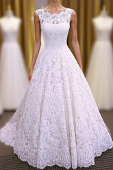 Chic Round Neck Open Back A Line Sleeveless Lace Appliques Wedding Dress