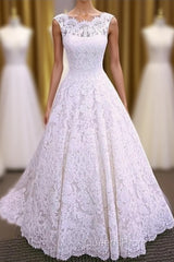 Chic Round Neck Open Back A Line Sleeveless Lace Appliques Wedding Dress