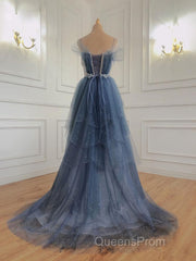 Gray Blue Tulle Beads Long Evening Prom Dress, Blue Tulle Formal Dress