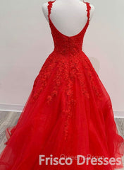 Red Tulle Lace A Line Formal Evening Dress Appliques Long Evening Prom Dress