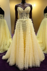 Yellow Lace-Up Floral Multi-Layers Strapless A-line Long Evening Prom Dress