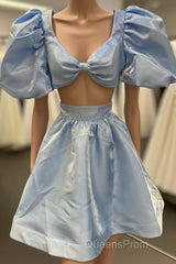 Light Blue Two-Piece Puff Sleeves A-line Homecoming Dress