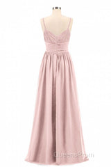 Dusty Pink Spaghetti Straps Banded Waist Long Bridesmaid Dress
