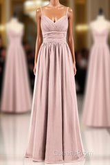 Dusty Pink Spaghetti Straps Banded Waist Long Bridesmaid Dress