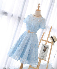 Cute Blue Lace Short Evening Prom Dress, Blue Homecoming Dress