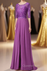 Purple Lace Round Neck Keyhole Back Long Mother of the Bride Dress