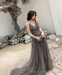 Gray V Neck Tulle Beads Long Prom Dress Gray Tulle Evening Dress
