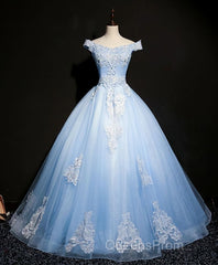 Blue Tulle Lace Off Shoulder Long Evening Prom Dress, Blue Tulle Lace Evening Dress