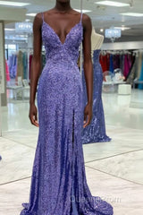 Tight Purple Sequined Long Evening Prom Dress with Slit