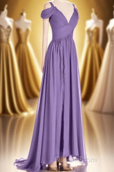 Lavender Cold-Shoulder Banded Waist Long Bridesmaid Dress