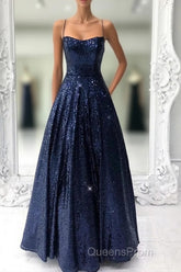 Long Navy Blue Sequin Evening Prom Dress