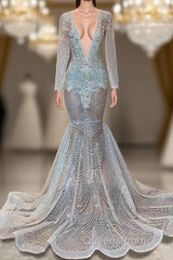 Mermaid Evening Prom Dress with Deep V-Neck Long Sleeves Beadings