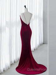 Simple Velvet Mermaid Burgundy Long Evening Prom Dress, Burgundy Long Formal Dress
