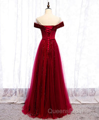 Burgundy Round Neck Tulle Sequin Long Evening Prom Dress, Tulle Formal Dress