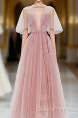 Pink Tulle Tea Length Evening Prom Dress, Pink Tulle Formal Dress