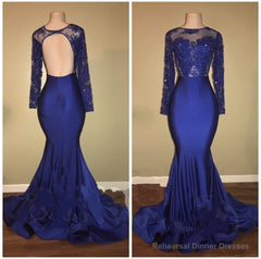 2025 Charming Royal Blue Long Sleeve Mermaid Prom Dresses