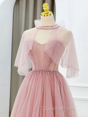 Pink Tulle Tea Length Evening Prom Dress, Pink Tulle Formal Dress