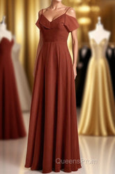 Rust Orange Chiffon Straps Ruffled A-Line Bridesmaid Dress