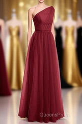 Wine Red Tulle One-Shoulder A-Line Bridesmaid Dress