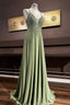 Dusty Sage Beaded Cross Back V Neck Seqins-Embroidery Long Prom Dress