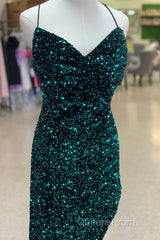 Red Sequin Cowl Neck Lace-Up Back High-Low Evening Prom Dress