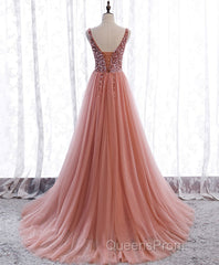 Pink V Neck Tulle Sequin Long Evening Prom Dress, Pink Formal Dress