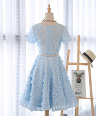 Cute Blue Lace Short Evening Prom Dress, Blue Homecoming Dress
