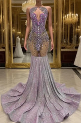 Purple Mermaid Evening Prom Dress Sleeveless with Long Beadings