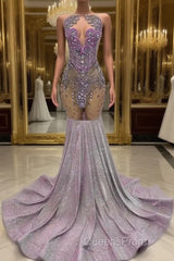 Purple Mermaid Evening Prom Dress Sleeveless with Long Beadings
