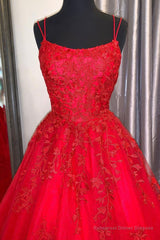 Red Lace Long Backless Prom Dresses, Red Formal Graduation Dresses
