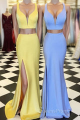 Two Piece Yellow-Blue Mermaid Long Evening Prom Dress with Side Slit