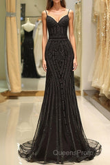 Mermaid Spaghetti Strap Black Beading Long Evening Prom Dress