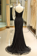 Mermaid Spaghetti Strap Black Beading Long Evening Prom Dress