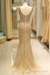 Elegant Mermaid Deep V Neck Gold Beaded Formal Evening Dress