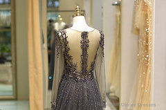 Long Sleeve Grey Beaded Long Prom Dress