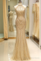 Mermaid High Neck Gold Beaded Long Formal Evening Dress