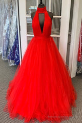 Halter Ruched Long Red Prom Dress with Open Back