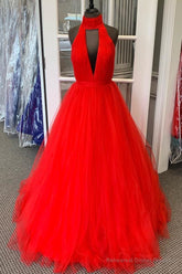 Halter Ruched Long Red Prom Dress with Open Back