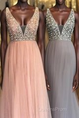 Princess Illusion V Blush Pink Evening Prom Dress with Beading