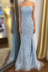 Strapless Light Blue Lace Long Evening Prom Dress with Slit