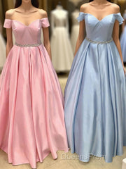 Elegant Off the Shoulder Satin Beaded Long Evening Prom Dress