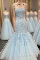 Straps Mermaid Light Blue Lace Appliqued Long Evening Prom Dress