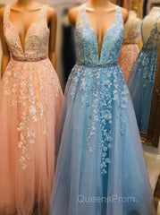 Elegant V Neck Appliques A-Line Long Tulle Evening Prom Dress