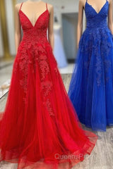 Elegant V Neck A-Line Red Appliqued Long Evening Prom Dress