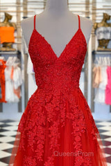 Elegant V Neck A-Line Red Appliqued Long Evening Prom Dress