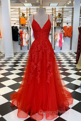 Elegant V Neck A-Line Red Appliqued Long Evening Prom Dress