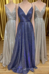 Sparkly V Neck Straps A-Line Long Evening Prom Dress
