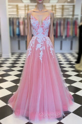 Elegant V Neck Lace-Up Back Pink Long Evening Prom Dress with Appliques