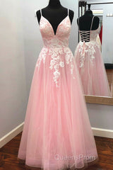 Elegant V Neck Lace-Up Back Pink Long Evening Prom Dress with Appliques