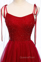 Straps Red Long Evening Prom Dress with Beaded Bodice